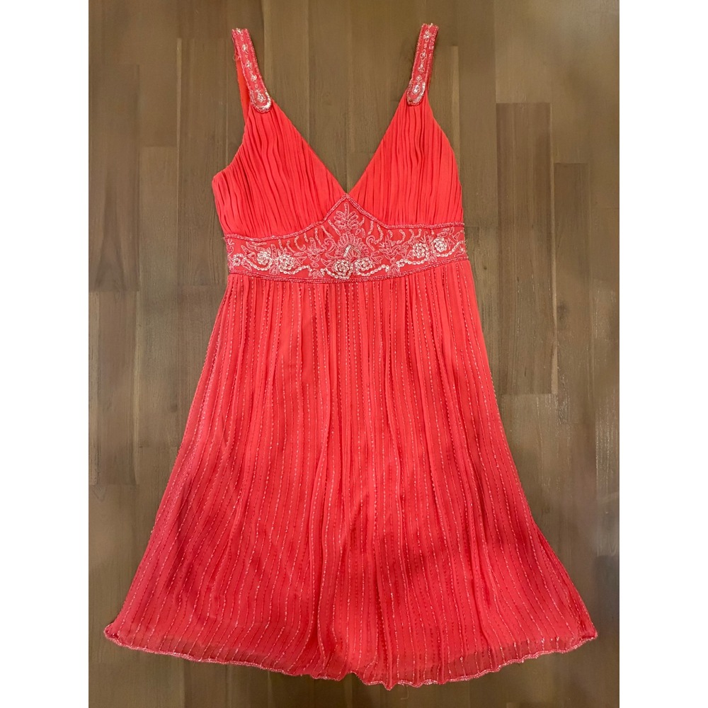 Stenay Silk Beaded Cocktail Dress Coral Red‎ V-Neck Empire Waist Evening Gown